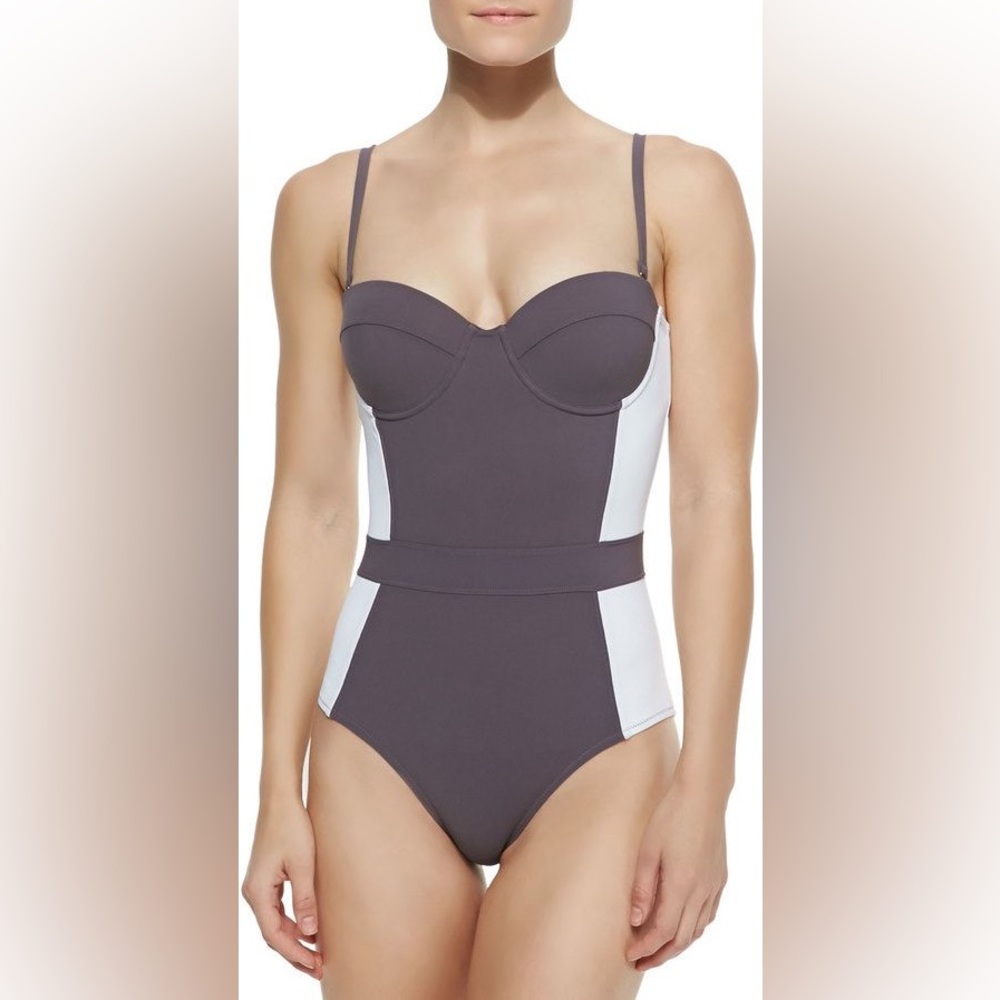 Tory Burch Lipsi Colorblock Gray White Bandeau One-Piece Swimsuit, Large
